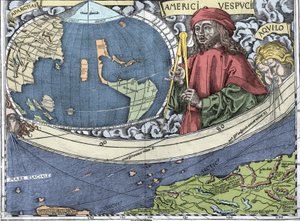 VESPUCCI, Amerigo (1454-1512). Olasz felfedező és térképészet a „Waldseemuller térkép vagy Universalis Cosmographia - (Universal Cosmographia) - Waldseemuller Planisphere” - 1507 -ben