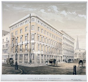 J&R Morley urak raktárai, a Milk Street és a Gresham Street sarka, London, 1840 alkotó: Martin and Hood