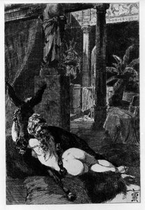 Lucius véletlenül szamárrá változik. Metamorfózisok (Arany szamár vagy Asinus aureus), Apulee (Lucius Apuleius) (125 körül-180 körül) regénye a 2. században. Martin Van Maele vízrézkarata alkotó: Martin van Maele