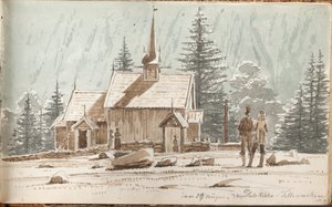 Emberek egy pálcás templomban. A háttérben egy domboldal alkotó: Martinus Rørbye