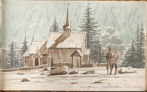 Emberek egy pálcás templomban. A háttérben egy domboldal alkotó: Martinus Rørbye