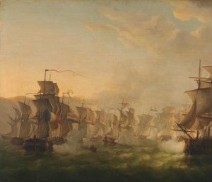 A holland és a brit flották összecsapása a holland flotilla Boulogne-ba való áthaladásakor (1804) alkotó: Martinus Schouman (signed by artist)