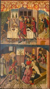 Szent Kristóf búcsút vesz a királytól, aki félt a Sátántól; Szent Kristóf és hittérítői alkotó: Martín de Soria