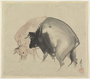 Két bika, 1810 körül (tinta és színek papíron) alkotó: Maruyama Oju