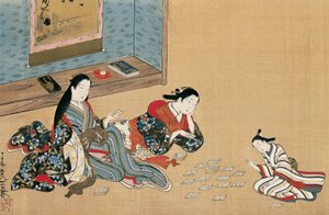 Nők kártyáznak, Maruyama Okyo (1733-1765), selyemfestmény ukiyo-e stílusban, Japán