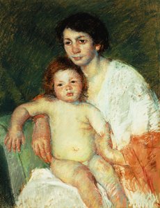 Meztelen baba anya ölében, jobb karját a szék támláján támasztja, 1913 alkotó: Mary Cassatt