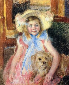 Sara nagy virágos kalapban, jobbra néz, kutyát tart, 1901 körül (pasztell, papír) alkotó: Mary Cassatt