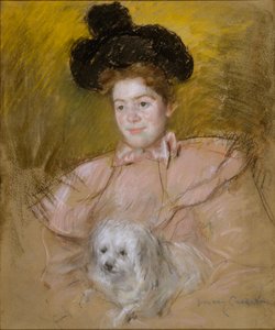 Málna jelmezben lévő nő, aki egy kutyát tart a kezében alkotó: Mary Cassatt