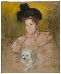 Málnajelmezben kutyát tartó nő, c. 1901. alkotó: Mary Cassatt