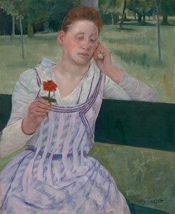 A nő a vörös cínia mellett (Álmodozás) alkotó: Mary Cassatt