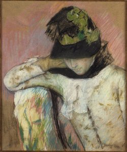 Fekete-zöld sapkás fiatal nő, aki lefelé néz alkotó: Mary Cassatt