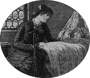 Egy anya alvó gyermekét vizsgálja alkotó: Mary Ellen Edwards
