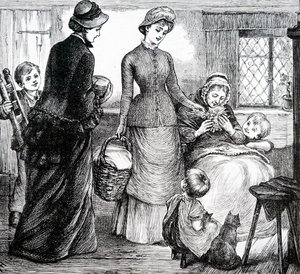 Egy nő ajándékot ad egy szegény házikónak. Írta: Mary Ellen Edwards (1838-1934) angol művész alkotó: Mary Ellen Edwards