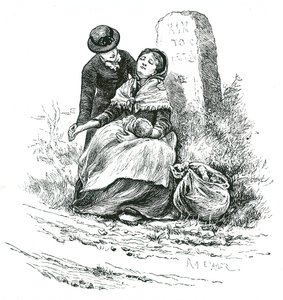 Egy nyomorgó, hajadon anyát kimerülten találtak kisbabájával a Workhouse felé menet. Thomas Hardy regényére emlékeztető jelenet, de nem ritka a vidéki területeken szerte az országban. Illusztráció: Mary Ellen Edwards c1881. alkotó: Mary Ellen Edwards