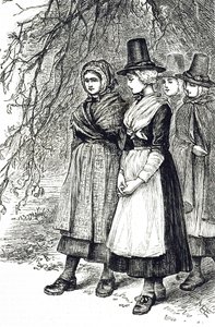 Egy metszet, amely walesi lányokat ábrázol egy hollantidei vásáron, egy munkaerő-kölcsönzési vásáron, akik arra várnak, hogy elfoglalják őket háztartási alkalmazottként. Illusztrálta: Mary Ellen Edwards (1838-1934) angol művész és gyermekkönyv-illusztrátor