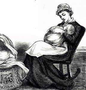 Egy metszet, amely egy anyát ábrázol, aki babáját ringatja. Illusztrált Mary Ellen Edwards (1838-1934) angol művész és gyermekkönyvek termékeny illusztrátora