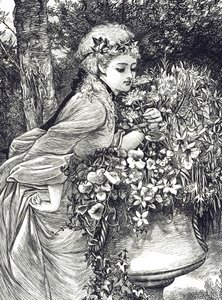 Egy metszet, amely egy fiatal lányt ábrázol, aki virágszagot érez egy kerti urnában. Illusztrálta: Mary Ellen Edwards (1838-1934) angol művész és gyermekkönyv-illusztrátor
