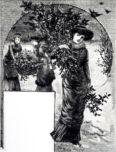 A magyal és az örökzöld gyűjteményét ábrázoló metszet karácsonyi dekorációhoz. Illusztrálta: Mary Ellen Edwards (1838-1934) angol művész és gyermekkönyv-illusztrátor