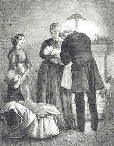 Metszet, amely egy kanyarós babát vizsgáló orvost ábrázol alkotó: Mary Ellen Edwards