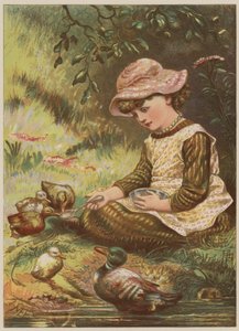 Kiskacsákat etető lány (chromolitho)