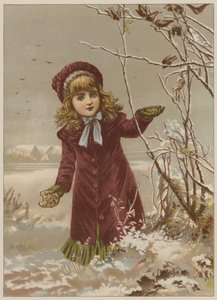 Lány kenyeret szed, hogy madarakat etethessen a hóban (chromolitho)