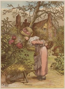Lány méhet néz a kertben (chromolitho) alkotó: Mary Ellen Edwards