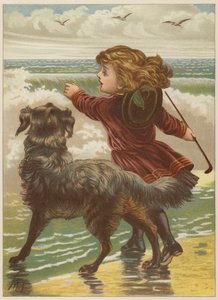 Lány kutyával a tengerparton (chromolitho)