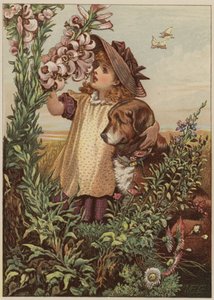Lány kutyaillatú virágokkal (chromolitho)