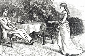 A kertben reggeliző családot ábrázoló illusztráció alkotó: Mary Ellen Edwards