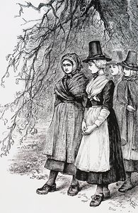 Walesi lányok egy hollantide-i vásáron, egy bérbeadó vásáron, arra várva, hogy elfoglalják őket háztartási alkalmazottként alkotó: Mary Ellen Edwards