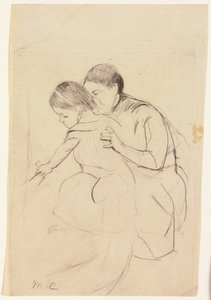 Baba bal kézzel megérint egy kádat, ápolója tartja, 1891 körül alkotó: Mary Cassatt
