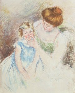 Anya bal kezével Sara állát fogja alkotó: Mary Cassatt