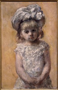 Portré lány vagy csipke ruha. Egy fehér ruhás kislány portréja szomorúan néz ki. Az amerikai Mary Cassatt festménye (1844-1926)
