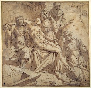 A Pieta (toll és barna tinta barna mosással fehér papíron)