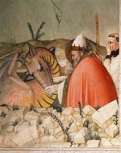 A szilveszteri élet epizódjai: I. Szent Szilveszter pápa (Silveszter vagy Silvestro) (314-335) bezárja a sárkány száját. Részlet. Maso di Banco freskója (1341-1346 körül ismert) 14. századi Firenze, Chiesa di Santa Croce, Cappella Bardi