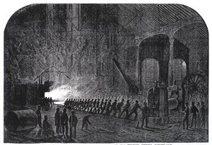 Páncéllemezek hengerelésének folyamata Őfelsége hajóihoz a sheffieldi Alas Steelworksben, illusztráció a „The Illustrated London News”-ból, 1861. szeptember 14.