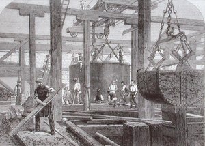 A londoni, chathami és doveri vasút Blackfriars hídjánál zajló építési munkák képe, amely az egyik kör alakú kőmóló hengerének süllyedését mutatja