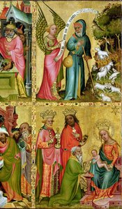 Angyali üdvözlet Szent Joachimnak és a Mágusok imádása, a Buxtehude-oltár bal szárnyából, 1400-10 (tempera a táblán) (159469 részlet) alkotó: Master Bertram of Minden