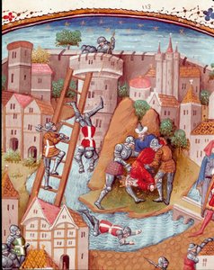 Egy erődített város meghódítása Részlet. Miniatűr a „Szerencsétlen nemes férfiak és nők eseteiből” (De casibus), Giovanni Boccaccio – mondta Jean Boccace (1313-1375), olasz író, Laurent de Premierfait fordításában és az árboc által megvilágítva.