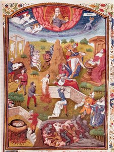 Boccace víziója: kínzás, akasztás, mészárlás jelenete Miniatűr a „Nemes férfiak és nők szerencsétlen esetei” című filmből (De casibus) vett Giovanni Boccaccio dit Jean Boccace (1313-1375), olasz író, Laurent de Premierfait fordítása és enlumine a t