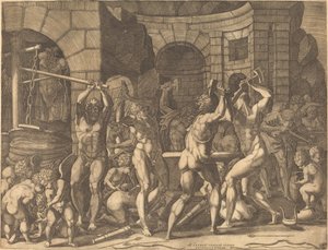 Vulkán és a Küklopok Nyilakat kovácsolnak alkotó: Master FG, after Francesco Primaticcio