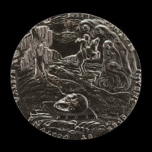 Könyv, koponya, csontok és lovas tájban [fordítva], 1526. alkotó: Master M.P.