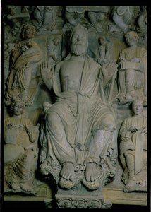 A Portico de la Gloria részlete, amely Krisztust a Majesty kőben ábrázolja