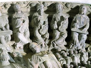 A Portico de la Gloria részlete, amely zenészek követ ábrázol
