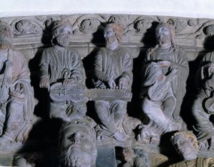 A Portico de la Gloria részlete, amely zenészek követ ábrázol