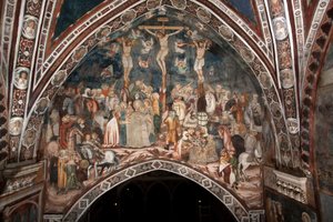 A Sacro Speco mesterének keresztrefeszítési freskója. 14. század. Felsőbbrendű templom. Szent Benedetto kolostor (Sacro Speco), Subiaco (Róma), Olaszország