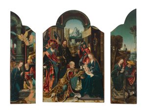 Triptichon: a központi panel: A bölcsek imádása; a bal szárny: Születés; a jobb szárny: Az egyiptomi menekülés.