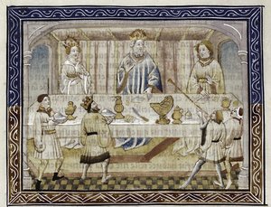 Caesar Augustus, felesége és fia az asztalnál Forrás: Jean Hayton, Történetek virága Kelet földjéről, 1410 körül alkotó: Master of Berry Apocalypse