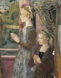 Olaszország, Piemont régió, Alessandria tartomány, Serralunga di Crea, Sacro Monte di Crea, Santa Maria Assunta szentély, Antiochiai Szent Margit kápolna, Paleologót és Bernarda di Bosse-t ábrázoló freskó