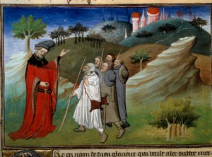 Des pelerins sur la route de la terre sainte Miniatűr a „” Utazások”-ban, amelyet John (Jehan de Mandeville) írt (1300? - 1372), Egerton mestere 1410-1412 körül, a kéziratgyűjteményből (Ms 2810). , Folio 142v.) “” Csodák könyve és